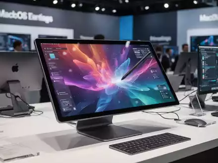 A close-up of a hand using a stylus on a sleek, modern touchscreen monitor, with other tech hardware in the background. - Foto: über boerse-global.de