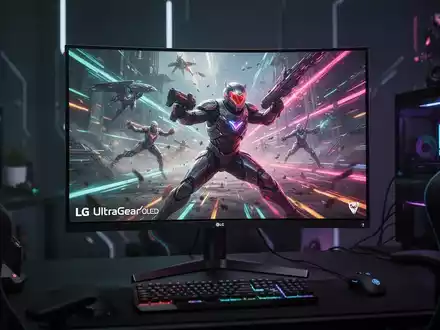 A close-up of a sleek LG UltraGear OLED gaming monitor displaying vibrant, fast-paced graphics in a dark room. - Foto: über boerse-global.de