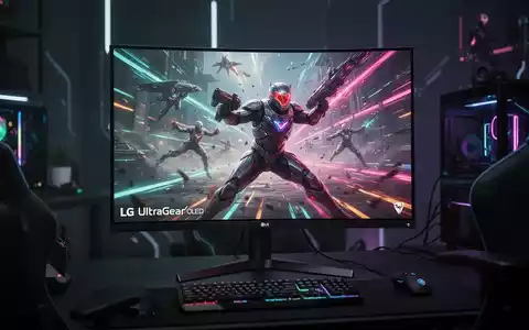 A close-up of a sleek LG UltraGear OLED gaming monitor displaying vibrant, fast-paced graphics in a dark room. - Foto: über boerse-global.de