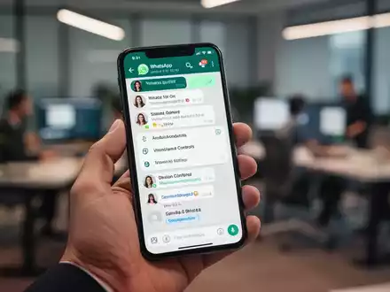 A close-up of a smartphone screen displaying a WhatsApp group chat interface with new management features, held by a hand. - Foto: über boerse-global.de
