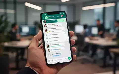 A close-up of a smartphone screen displaying a WhatsApp group chat interface with new management features, held by a hand. - Foto: über boerse-global.de