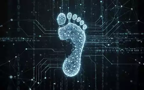 A glowing digital footprint silhouette on a dark background, formed by data points and connected by binary code streams and network lines. - Foto: über boerse-global.de