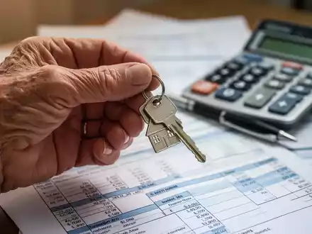 Eine ältere Hand hält einen Hausschlüssel, im Hintergrund unscharfe Finanzdokumente und ein Taschenrechner. - Foto: über boerse-global.de