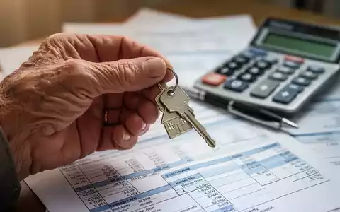 Eine ältere Hand hält einen Hausschlüssel, im Hintergrund unscharfe Finanzdokumente und ein Taschenrechner. - Foto: über boerse-global.de