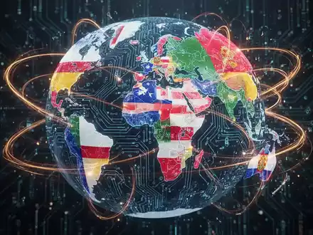 National flags subtly integrated with circuit board patterns, forming a digital globe, symbolizing sovereign AI strategies. - Foto: über boerse-global.de