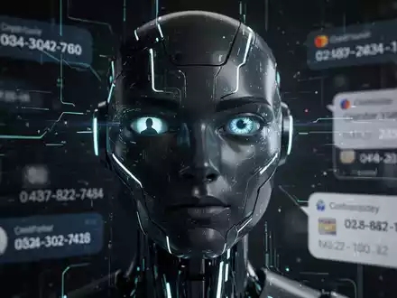 Ein stilisiertes Chatbot-Gesicht, das in seinen Augen persönliche Daten wie Kreditkartennummern und Kalendereinträge widerspiegelt, um Datenschutzrisiken darzustellen. - Foto: über boerse-global.de