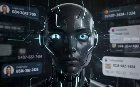 Ein stilisiertes Chatbot-Gesicht, das in seinen Augen persönliche Daten wie Kreditkartennummern und Kalendereinträge widerspiegelt, um Datenschutzrisiken darzustellen. - Foto: über boerse-global.de