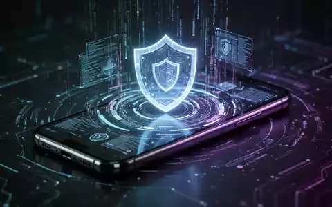 A close-up of a modern smartphone screen displaying a sophisticated user interface with glowing security icons and data streams. - Foto: über boerse-global.de