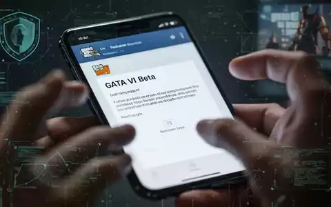 Close-up of a smartphone screen showing a fake GTA VI beta invite email, with blurred hands and subtle cybersecurity overlays. - Foto: über boerse-global.de