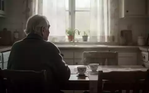 Eine ältere Person sitzt allein am Küchentisch und blickt nachdenklich aus dem Fenster. Eine Tasse steht auf dem Tisch. - Foto: über boerse-global.de