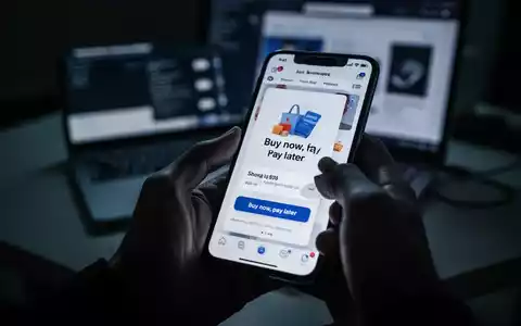 A hand holding a smartphone showing a shopping app with a 'buy now, pay later' option, against a blurred, dimly lit background with a laptop. - Foto: über boerse-global.de