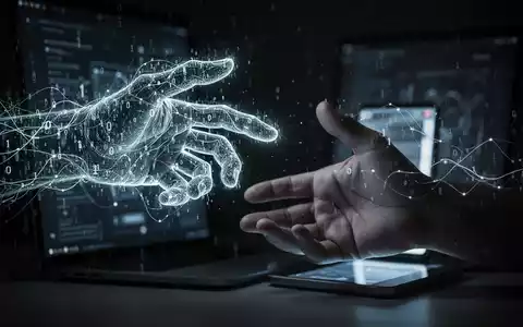 A glowing, digital hand made of code reaching out from a screen towards a human hand, symbolizing AI-driven scams. - Foto: über boerse-global.de