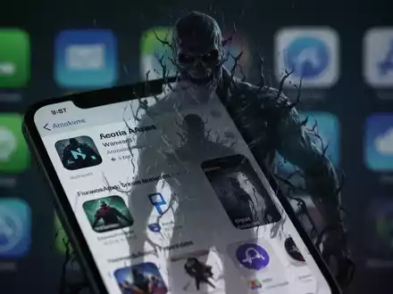 Ein Smartphone-Bildschirm mit App Store, dahinter eine bedrohliche, schattenhafte digitale Figur, die Malware symbolisiert. - Foto: über boerse-global.de