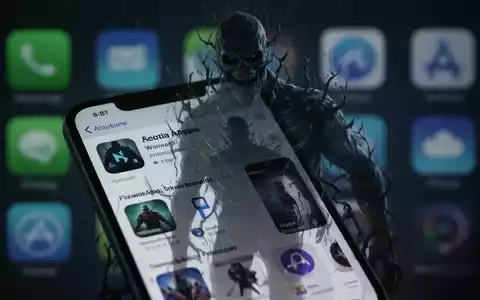 Ein Smartphone-Bildschirm mit App Store, dahinter eine bedrohliche, schattenhafte digitale Figur, die Malware symbolisiert. - Foto: über boerse-global.de