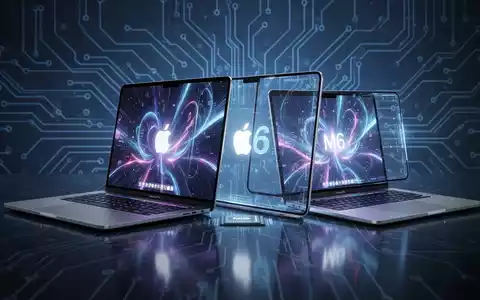 Close-up of a new generation Apple MacBook Pro and MacBook Air, showcasing their slim design and bright displays. The background features a subtle, abstract circuit board pattern, symbolizing advanced technology. - Foto: über boerse-global.de