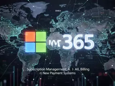 A glowing Microsoft 365 logo with digital lines and data streams, representing subscription management and AI billing over global financial networks. - Foto: über boerse-global.de