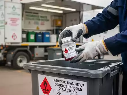 Ein Arbeiter in Schutzhandschuhen platziert vorsichtig einen Behälter mit Gefahrstoffen in einem Sammelbehälter an einer mobilen Sammelstelle. - Foto: über boerse-global.de