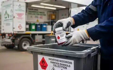 Ein Arbeiter in Schutzhandschuhen platziert vorsichtig einen Behälter mit Gefahrstoffen in einem Sammelbehälter an einer mobilen Sammelstelle. - Foto: über boerse-global.de