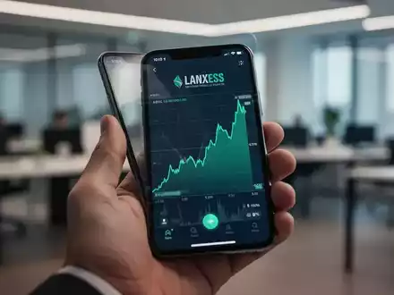 Eine Hand hält ein Smartphone mit einer Börsen-App, die einen steigenden Kurs und die Farben des Lanxess-Logos zeigt. - Foto: über boerse-global.de