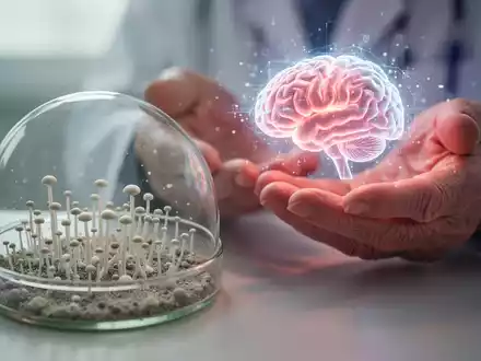 Nahaufnahme einer Petrischale mit Myzel, daneben verschwommene Hände, die ein kleines, leuchtendes Gehirn-Hologramm halten. - Foto: über boerse-global.de