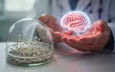 Nahaufnahme einer Petrischale mit Myzel, daneben verschwommene Hände, die ein kleines, leuchtendes Gehirn-Hologramm halten. - Foto: über boerse-global.de
