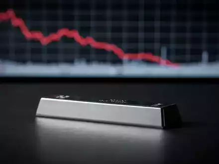 Ein einzelner Silberbarren auf einer dunklen Oberfläche mit einem unscharfen Finanzchart im Hintergrund, der einen Abwärtstrend zeigt. - Foto: über boerse-global.de