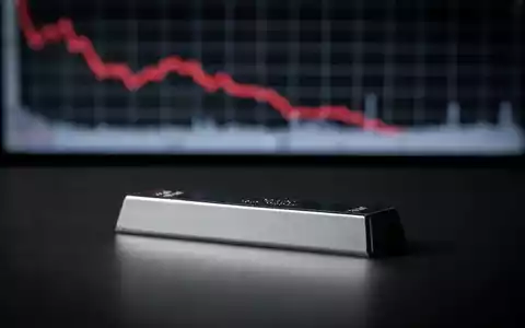 Ein einzelner Silberbarren auf einer dunklen Oberfläche mit einem unscharfen Finanzchart im Hintergrund, der einen Abwärtstrend zeigt. - Foto: über boerse-global.de
