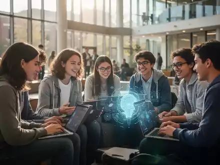 Diverse university students collaborating in a modern common area, with a laptop displaying a subtle AI interface glow. - Foto: über boerse-global.de