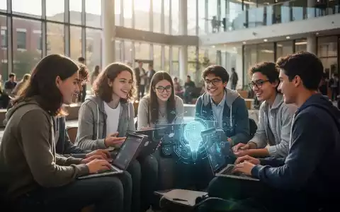 Diverse university students collaborating in a modern common area, with a laptop displaying a subtle AI interface glow. - Foto: über boerse-global.de