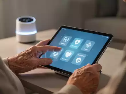 Close-up of a senior person's hands using a tablet, with a smart home device in the soft-focus background, symbolizing digital assistance. - Foto: über boerse-global.de