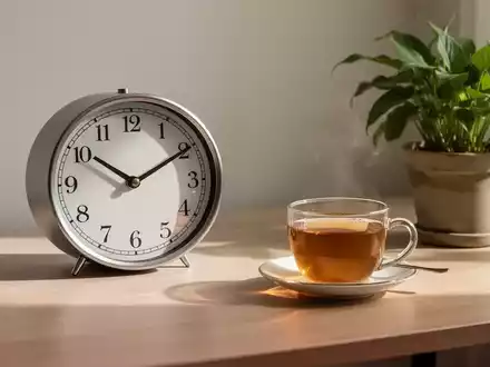 Ein minimalistischer Schreibtisch mit einer analogen Uhr, Tee und einer Pflanze, der eine digitale Entgiftung symbolisiert. - Foto: über boerse-global.de