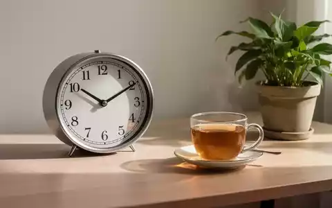 Ein minimalistischer Schreibtisch mit einer analogen Uhr, Tee und einer Pflanze, der eine digitale Entgiftung symbolisiert. - Foto: über boerse-global.de