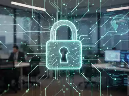 Ein stilisiertes digitales Vorhängeschloss über einem Netzwerk leuchtender Datenlinien, das Datensicherheit und Compliance symbolisiert. - Foto: über boerse-global.de