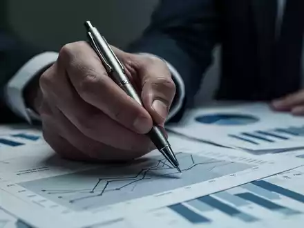 Nahaufnahme einer Hand, die einen Stift über einem Finanzbericht hält, mit unscharfen Diagrammen im Hintergrund. - Foto: über boerse-global.de