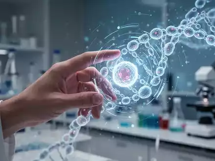 Eine Nahaufnahme einer menschlichen Hand, die mit einer leuchtenden, futuristischen biologischen Schnittstelle interagiert, die DNA oder Zellstrukturen darstellt. - Foto: über boerse-global.de