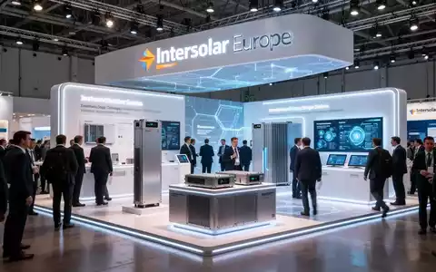 Eine futuristische Messehalle mit dem Schriftzug „Intersolar Europe“, modernen Energiestands und engagierten Besuchern. - Foto: über boerse-global.de