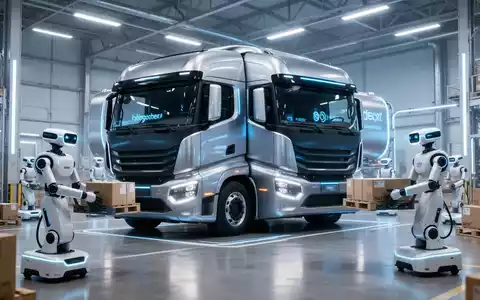 Ein futuristischer Wasserstoff-Brennstoffzellen-LKW in einem High-Tech-Logistikzentrum, umgeben von autonomen Robotern. - Foto: über boerse-global.de