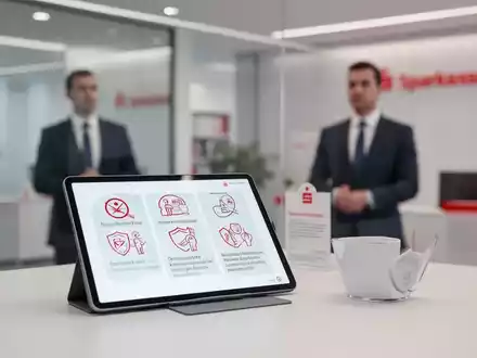 Ein modernes Sparkassenbüro mit einem Tablet, das Sicherheitsrichtlinien anzeigt, und einer unscharfen Person im Hintergrund. - Foto: über boerse-global.de