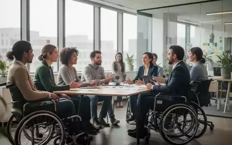 Diverse Personengruppe, darunter Menschen mit Behinderungen, diskutiert in einem modernen, barrierefreien Büro. - Foto: über boerse-global.de