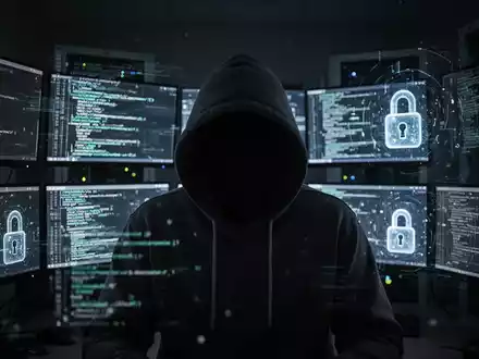 Eine Person im Kapuzenpulli, umgeben von Bildschirmen mit Code und digitalen Schlössern, symbolisiert Cyberkriminalität und KI-Betrug. - Foto: über boerse-global.de