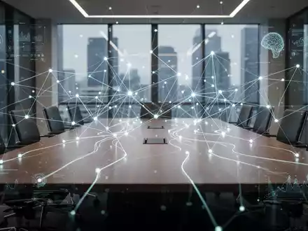 Abstrakte Darstellung von Corporate Governance, Nachhaltigkeit und KI-Regulierung mit leuchtenden Linien und Knoten über einem Konferenztisch. - Foto: über boerse-global.de