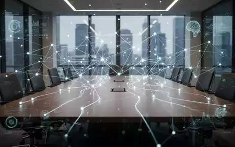 Abstrakte Darstellung von Corporate Governance, Nachhaltigkeit und KI-Regulierung mit leuchtenden Linien und Knoten über einem Konferenztisch. - Foto: über boerse-global.de