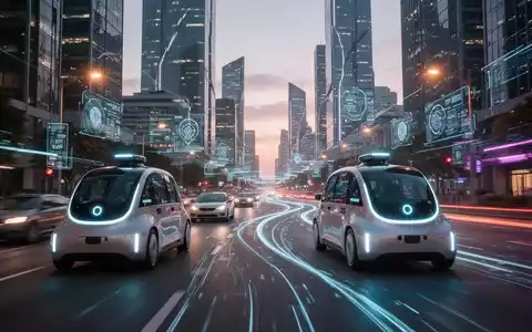 Futuristische chinesische Stadtlandschaft bei Dämmerung mit autonomen Robotaxis auf beleuchteten Straßen. - Foto: über boerse-global.de