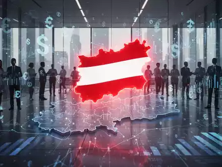 Ein stilisiertes, leuchtendes Rot-Weiß-Rot-Karten-Symbol vor einer digitalen Österreichkarte mit Datengrafiken und Geschäftsleuten. - Foto: über boerse-global.de