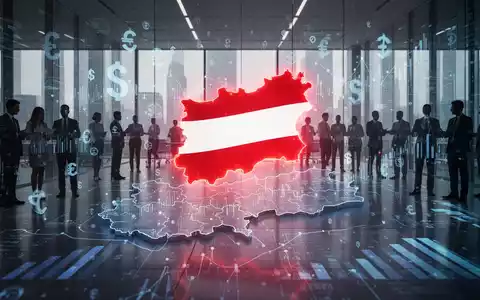 Ein stilisiertes, leuchtendes Rot-Weiß-Rot-Karten-Symbol vor einer digitalen Österreichkarte mit Datengrafiken und Geschäftsleuten. - Foto: über boerse-global.de