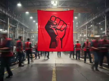 Ein verschwommener Fabrikboden mit Arbeitern und einem großen roten Banner, das ein Protestsymbol zeigt. - Foto: über boerse-global.de