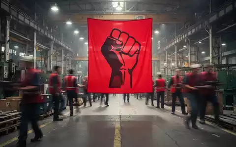 Ein verschwommener Fabrikboden mit Arbeitern und einem großen roten Banner, das ein Protestsymbol zeigt. - Foto: über boerse-global.de
