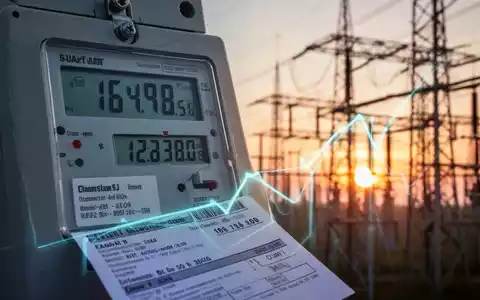 Nahaufnahme einer Stromrechnung oder eines Smart Meters mit steigenden Zahlen vor dem Hintergrund eines komplexen Stromnetzes bei Sonnenuntergang. - Foto: über boerse-global.de