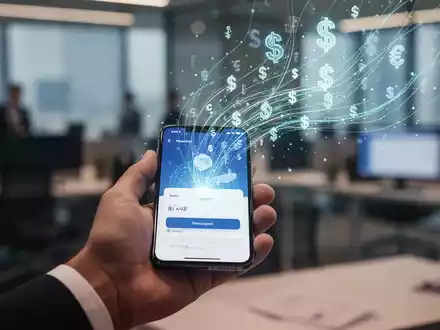 A hand holds a smartphone showing a payment screen, surrounded by abstract digital lines and currency symbols, representing digital payments. - Foto: über boerse-global.de