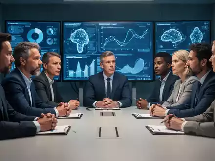 Eine Gruppe von Betriebsratsmitgliedern diskutiert ernsthaft an einem Konferenztisch, mit digitalen Bildschirmen im Hintergrund, die KI andeuten. - Foto: über boerse-global.de
